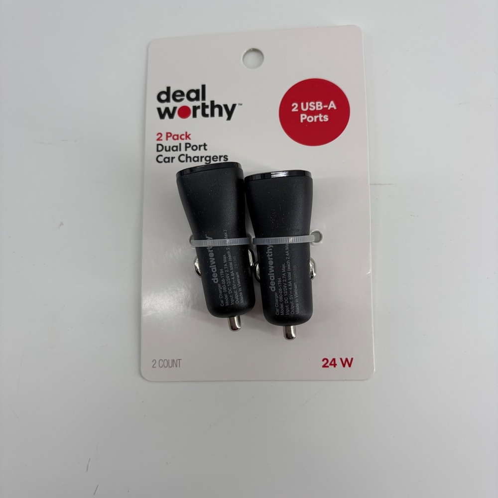 Dealworthy 2 Pack Dual Port Car Chargers 24W Black 2 USB-A Ports 080-08-1784 NEW